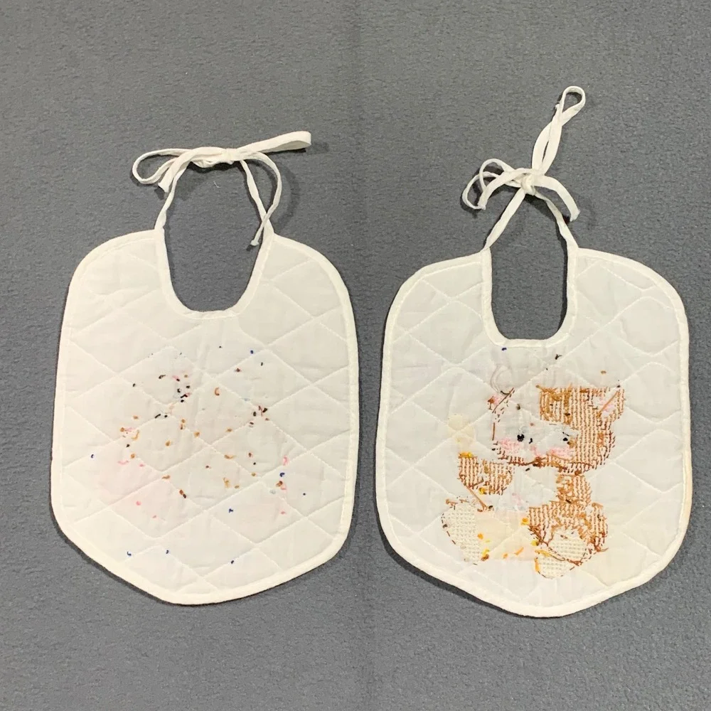 Vintage Hand Embroidered Baby Bibs Set of 2 Quilted Teddy Bear‎ Cross Stitch